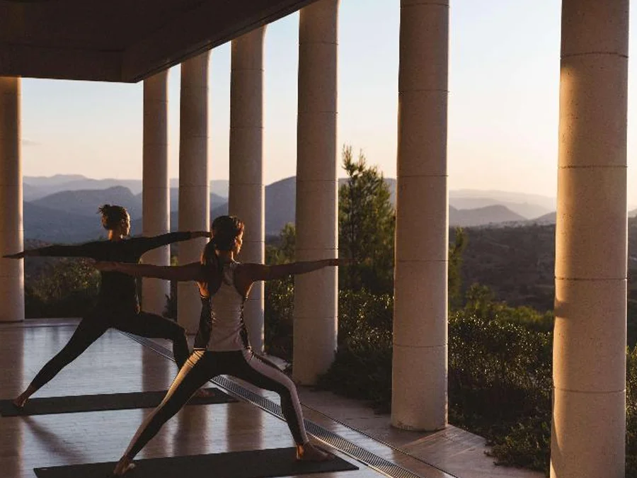 Hilltop yoga pavilion at Amanzoe with Aegean views