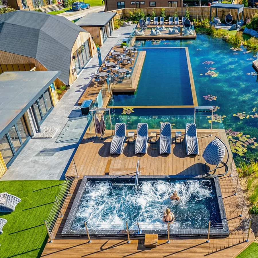 The Wild Swim Pond and outdoor spa at Yorkshire Spa Retreat